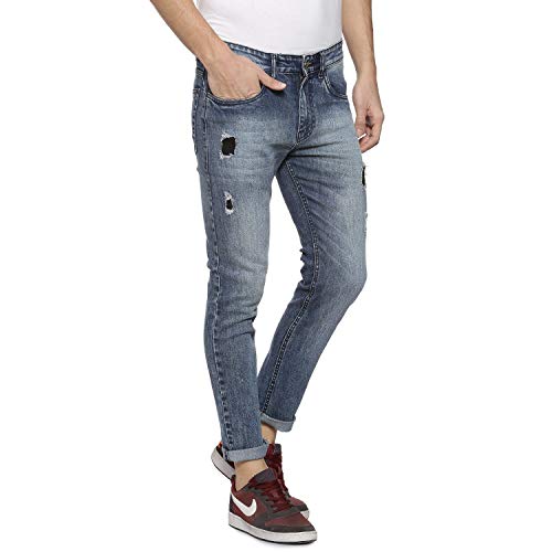 Campus Sutra Men’s Classic Blue Medium-Washed Distressed Regular Fit Denim Jeans | Mid-Rise Stretchable Cotton Denim Jeans Crafted with Comfort Fit & High Performance for Everyday Wear