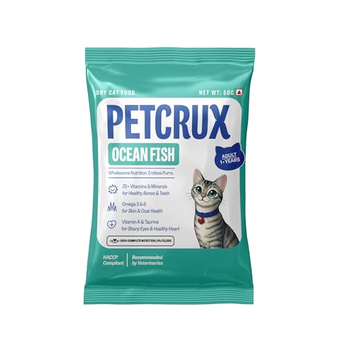 Dry Adult Cat Food, Ocean Fish Flavor, with Omega 3 & 6 and Taurine, Complete & Balanced Nutrition for Adult Cats, Trial Pack 50 g