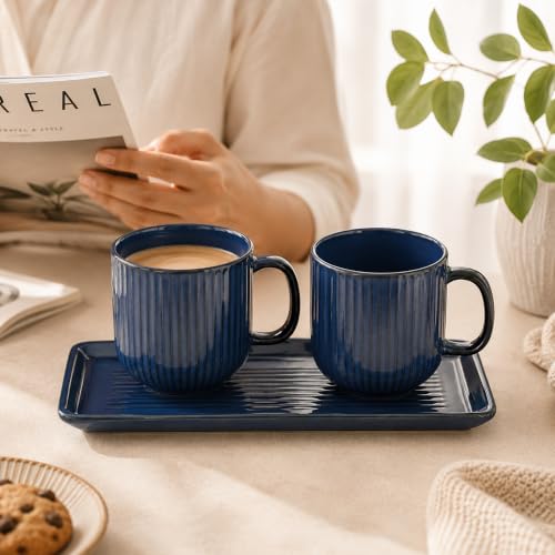 Image of miah decor Ceramic Coffee Mugs Set with Serving Platter, Handmade Stoneware