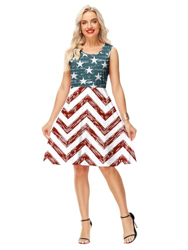 Image of Deerose 4th of July Dress for Women Sleeveless American Flag Patriotic Elastic High Waist Sundress