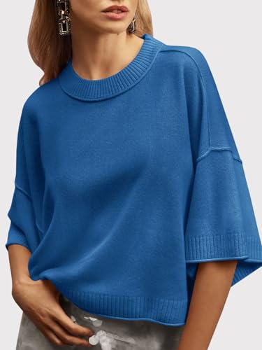 Image of Saodimallsu Womens Short Sleeve Sweater Summer Oversized Cropped Sweaters Casual Crewneck Lightweight Knit Tops