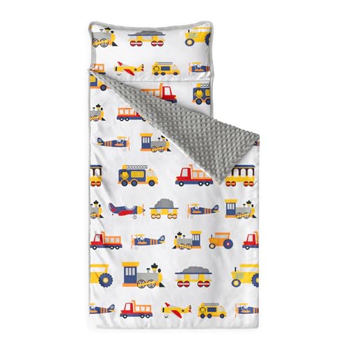 Image of Wake In Cloud - Toddler Nap Mat with Pillow and Minky Fleece Blanket, for Kids Boys Ages 3 Plus in Daycare Preschool Kindergarten, Roll Up Sleeping Bag, Planes Trains Trucks