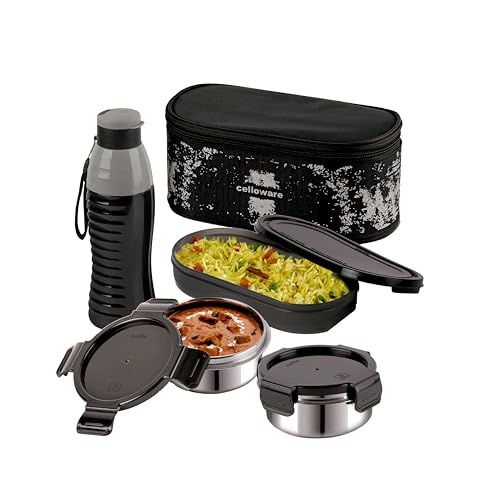 Image of CELLO Gemini Lunch Box Gift Set of 3 Pieces with Bag for Office Use Black | 300ml x 2 Steel Round Containers, 500ml x 1 Oval Container with 600 ml Water Bottle, Leak Proof Tiffin Set for School Travel