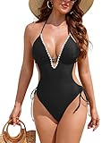 Leoparts Women's One Piece Swimsuit V Neck Halter High Cut Bathing Suit Back Tie Whip Stitch Swim Suits