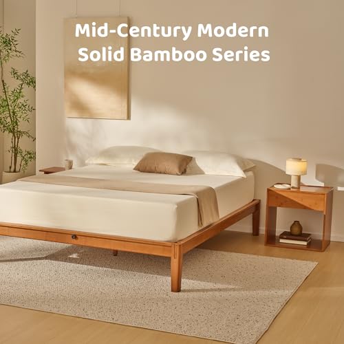 Image of RECCI Solid Bamboo Nightstand, Sustainable Curved Classic Mid-Century Modern Wood Bedside Table with Soft-Close Drawer, Handle-Free Design, Open Shelf Storage, No Assembly Required (Walnut)