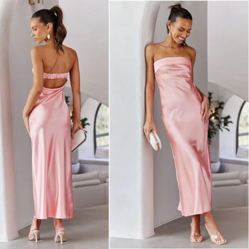 Image of Womens Strapless Satin Maxi Dress Backless Tube Dress | Strapless satin maxi dress with elastic back folded bust backless cut smooth drape and slim tube fit for events