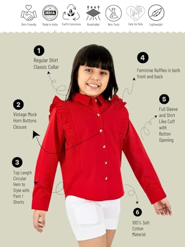 Image of olele Girls Full Sleeve Ruffles Cotton Linen Shirt - White for 4 to 14 Years | Kids Girl White Shirt | White Ruffle Shirt for Girls | Shirt Jeans