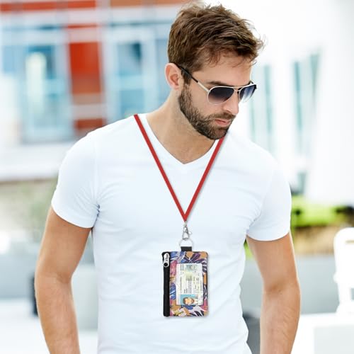 Image of Minimalist RFID Wallet with Lanyard, Multi-functional ID Case with 2 Zipper Pockets and Key Chain for Men and Women, Tactical Badge Pouch Cards Holder, Coin Purse for Travel Sports - Two-Tone