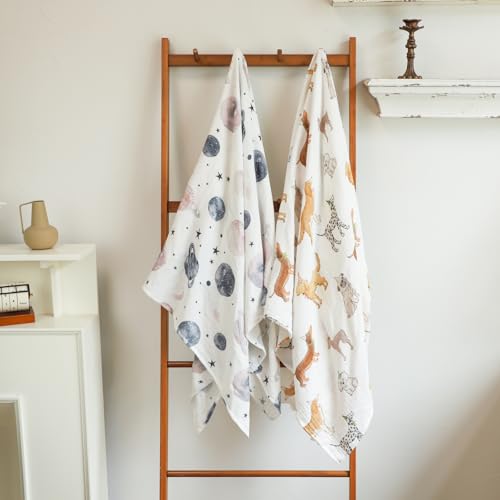 Image of insular Muslin Swaddle Blankets for Boys Girls, 2 Pack Receiving Baby Blanket Large 47 x 47 inches, Soft Breathable Swaddling Wrap for Unisex Newborn, Party Dogs&Space