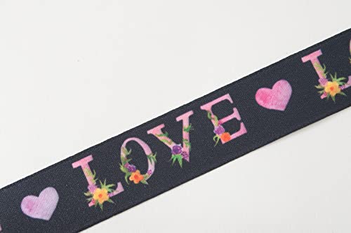 Berisfords Taffeta Patterned Ribbon ‘Love’ Multicolour on Black 25mm Wide 25m Reel, Black/Multi, 25mm x 25m - Image 2