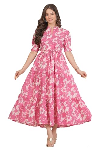Image of Monique Brand Women's /Girls Cotton Kurta for Women Floral Printed Regular Fit Anarkali Kurta ||Floral Flared Western Dress