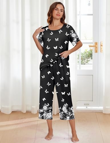 Image of Ekouaer Women's Two Piece Lounge Set Short Sleeve Shirt and Capri Pants Mumu Pajama with Pockets Loungewear Pjs Sets S-2XL