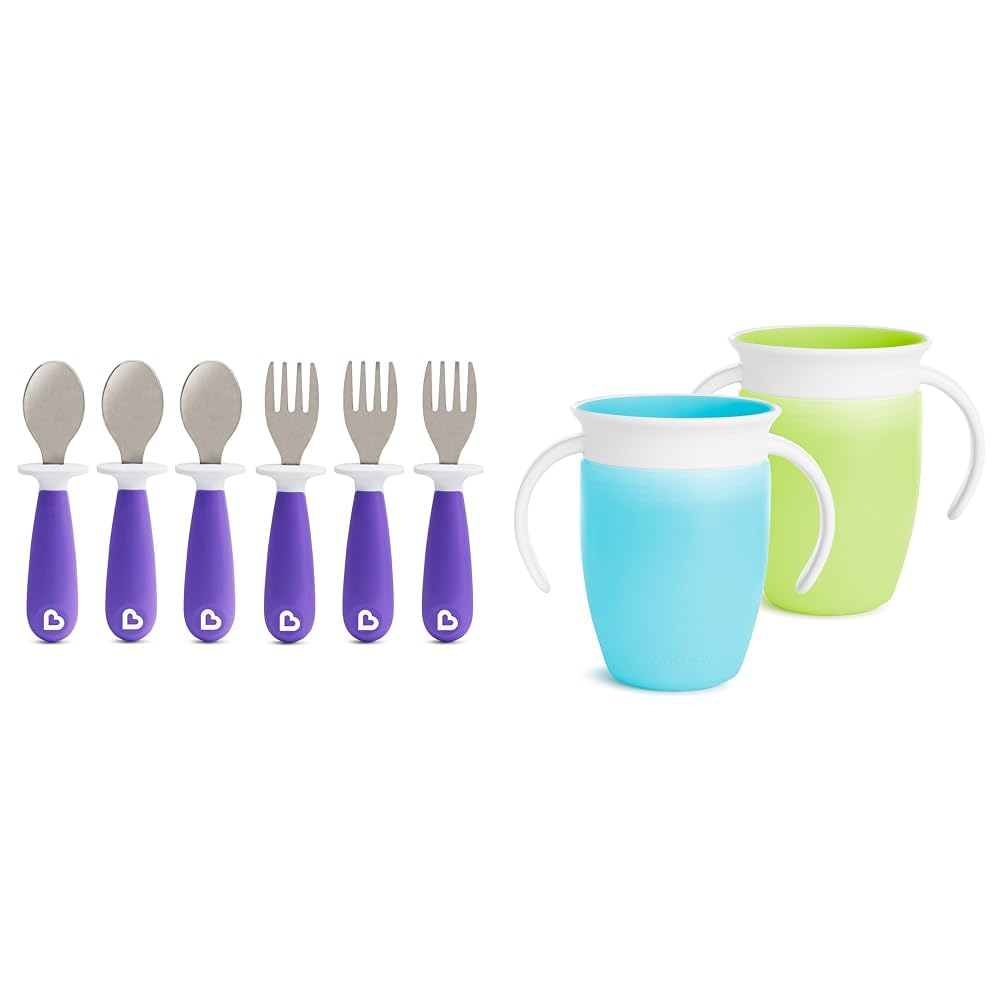 Munchkin® RaiseTM 6 Pack Toddler Utensil Set and Miracle® 360° 2 Pack 7 oz Trainer Sippy Cup Bundle, Purple/Green