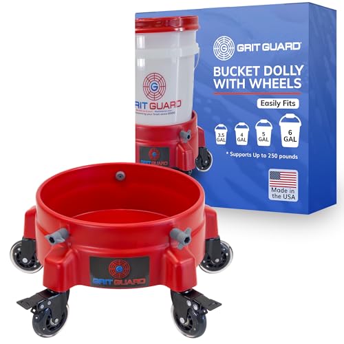 GRIT GUARD Balde balde com rodas - Balde de lavagem com detalhes de rolamento com 5 rodas e 2 rodízios de travamento compatível com baldes de 2,5, 4, 5 e 6 galões (vermelho, rolamento de rolo de 7,6