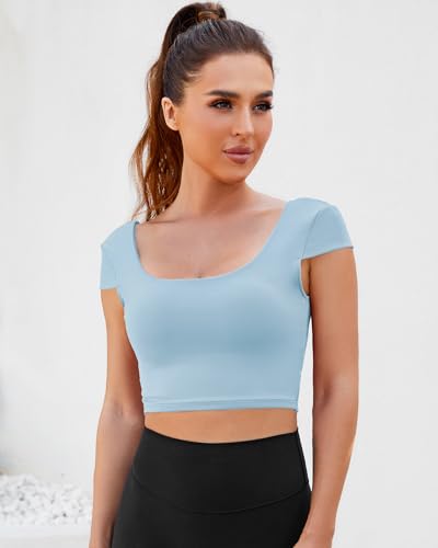 Image of DaiLiWei Open Back Workout Tops for Women Short Sleeve Longline Sports Bras Support Crop Tank Yoga Shirts with Built in Bra