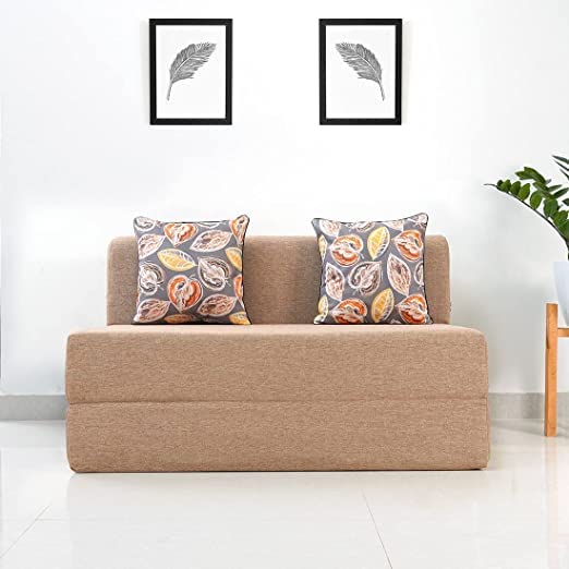WELCO HOME DECOR.Two Seater Sofa Cum Bed - Perfect for Guests - Jute Fabric Washable Cover with 2 Cushions (Fall Leaves Pattern) - Beige | 4' X 6' Feet