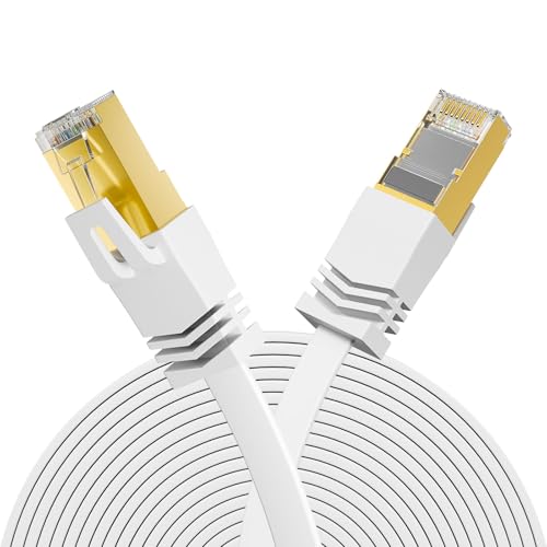 FGB Lan Kabel 10 Meter, Netzwerkkabel Cat 7 Flach mit Vergoldetem RJ45 f&uuml;r Hochgeschwindigkeits- Gigabit 10 Gbps &Uuml;bertragungsrate Wei&szlig;