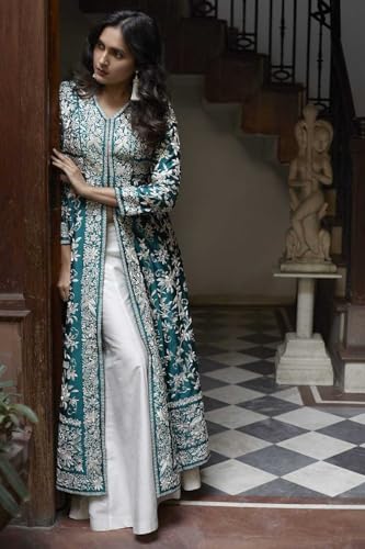 Image of Women's Cotton Embroidery A-line Kurti with Palazzo Set (Green-XL)