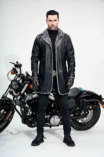 Men's Winter 3/4 Length PU Faux Fur Coat Long Jacket, Heavy Motorcycle Jacket Vintage Coat3