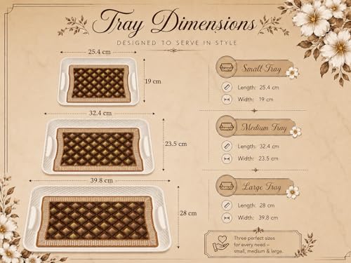 Image of 3 Pcs Plastic Serving Tray Set with Handle | Multipurpose Tea Snacks Breakfast Tray | Floral Printed Rectangular Serving Trays for Kitchen & Home (Brown Design)