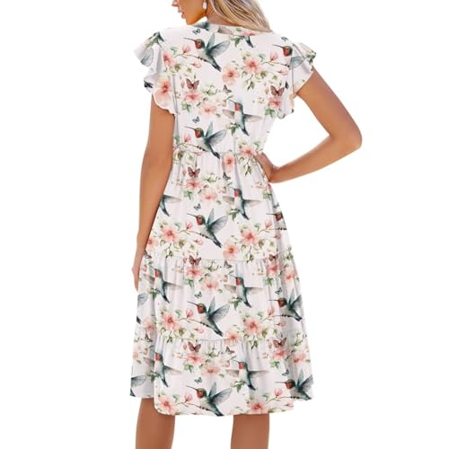 Image of Women's Casual Ruffle Sleeve Dress V Neck Pullover Dress Flowy A-Line Pleated Lightweight Dress with Pockets