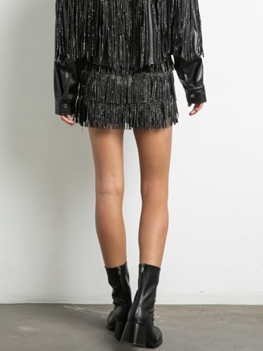 Womens Sparkle Rhinestone Fringe Shorts Pants Elastic Band Skort Western Cowgirl Mini Skirt Built-in Short4