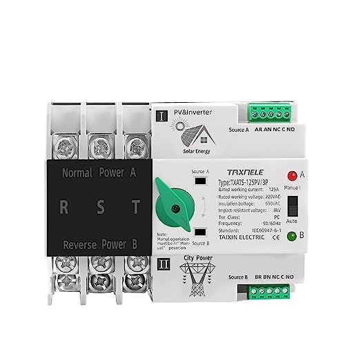 Inversor fotovoltaico ATS de Carril DIN trifásico 3P, interruptores Selectores de Transferencia automática de Doble Potencia, energía ininterrumpida 63A 100A 125A fotovolta (Color : 63A(PV), Size :