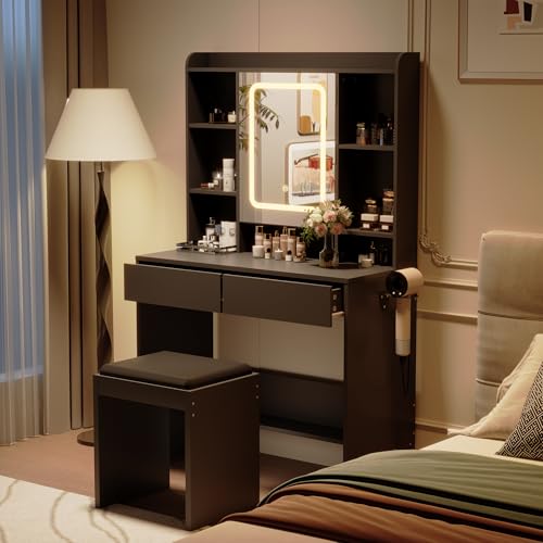 GarveeHome Vanity Desk with Mirror and Lights, for Bedroom,Adjustable 3 Color Lights Modes,Includes Padded Stool, Makeup Table Set with Hidden Storage Shelves, USB Outlets, Hairdryer Holder