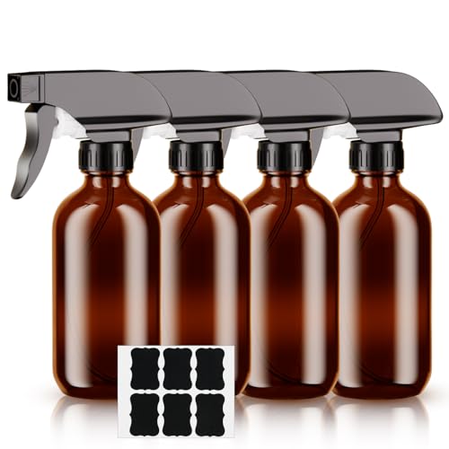 HOTUT Botella de spray de vidrio ámbar, 4 piezas botella de spray de vidrio de 240 ml, botella de spray de vidrio marrón, kit de configuración de flujo de niebla con bomba negra