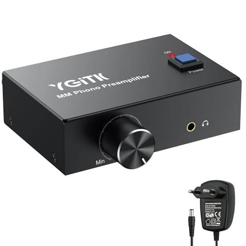 YGiTK Preamplificador de Phono con Botón de Volumen, Mini Preamplificador de Giradiscos Ultracompacto para Tocadiscos MM con Salida 3.5mm/RCA y Alimentación DC 12V,Sonido de Alta Fidelidad