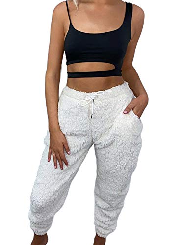 N / D Women Casual Drawstring Pajama Pants Warm Fleece Pants Sleepwear Bottoms Trousers with Pockets (White, M)