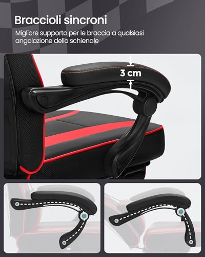 Sedia da Ufficio, Poltrona Racing Ergonomica, Poggiapiedi Telescopico, Schienale Inclinabile, Poggiatesta e Supporto Lombare, Portante di 150 kg, Nero Inchiostro e Rosso Fragola OBG73BRV1 - Sedia gaming - Immagine 7
