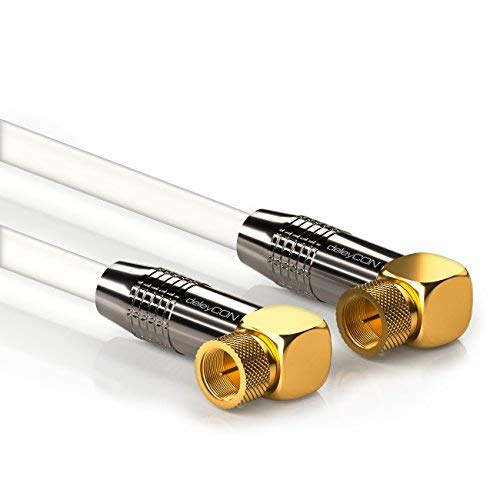 deleyCON 5m Cavo Antenna SAT HDTV Cavo Satellitare Cavo Coassiale 2x ad Angolo Connettore F (90° Gradi) al Connettore F (90° Gradi) - Connettore Metallico - Bianco