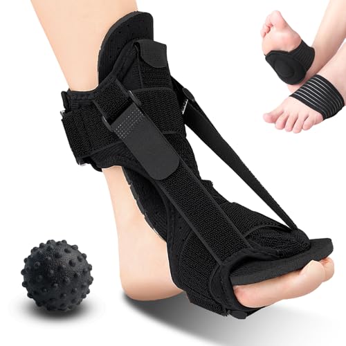 WwuHua Férula nocturna para fascitis plantar, espolón calcáneo, férula nocturna con bola de masaje y soporte para el arco del pie, 3 correas ajustables, férula de alivio de espolones del talón
