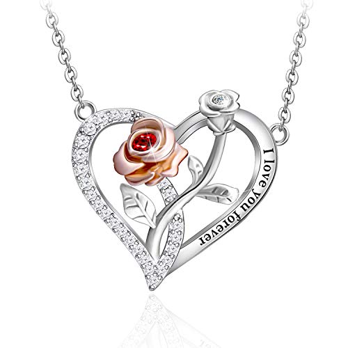 Distance Rose Heart Necklace for Women 925 Sterling Sliver Two-Tone Rose Flower Jewelry for Women Girlfriend Wife Mom