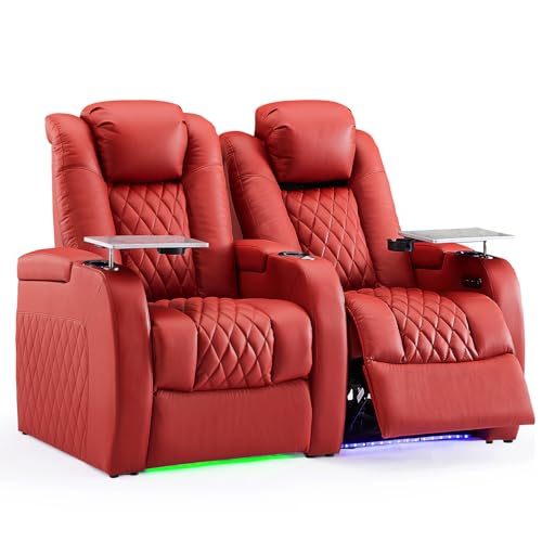 Image of Weilianda Home Theater Seating, Top Grain Leather Movie Theater Chair | Red Row of 2, Zero Gravity, Power Headrest, Tray Table, Electric Reclining Seat for Media Room