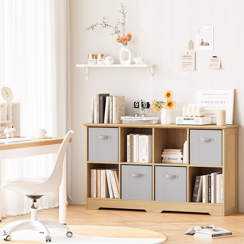 Image of 8 Cube Storage Organizer Shelf, Wood Cubby Storage with 4 Fabric Drawers, 2 Tier Wooden Bookshelf with 2 Adjustable Shelves & Fluted Side Panels for Living Room, Home Office, Wood