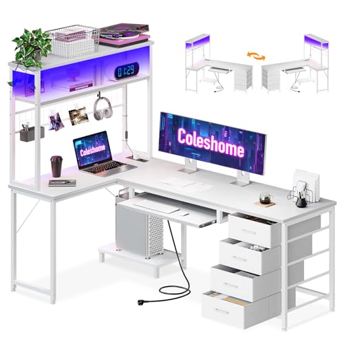 Escritorio Gmaing con Estantes, Mesa Gaming con Cajones y Bandeja para Teclado, Mesa Gamer en L con LED y Toma de Corriente para Jugadores, Blanco, 149.5 × 100 cm