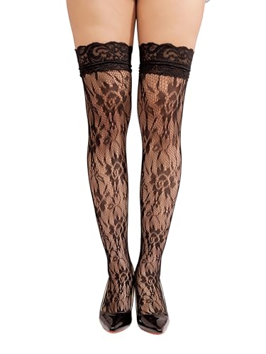 Image of Sacina Black Flower Lace Black Thigh High Stockings, Black Lace Stockings, Elastic Hosiery Tights, Gothic Accessories for Women