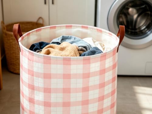 Image of CLOCOR Laundry Basket, Waterproof Fabric Storage Container, Room Decor, Gift Basket(Pink Grid)