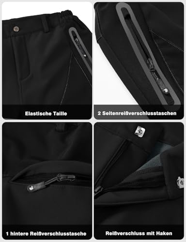 YSENTO Damen Softshellhose Skihose Outdoor Wanderhose Fleece Gefüttert Wasserdicht Winter Thermohose Trekkinghose(Alle Schwarz,M)