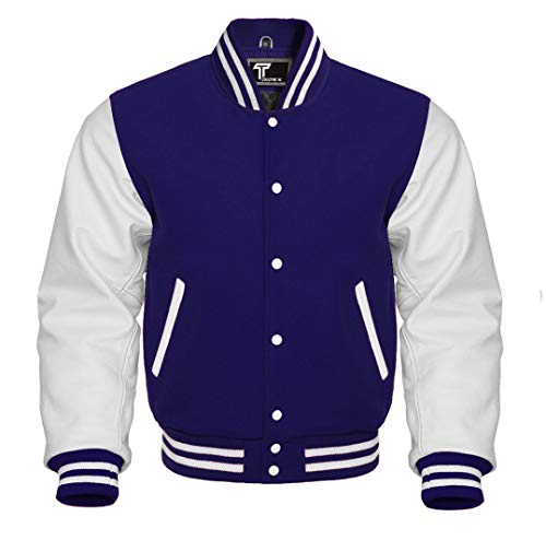 Image of Premium Letterman Baseball School College Bomber Varsity Jacket Purple & Gold Genuine Leather Sleeves