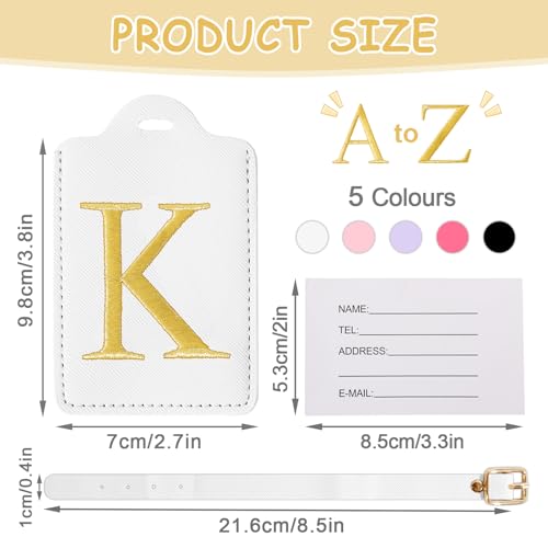 Image of Personalized Initial Luggage Tags for Suitcases, Cute PU Leather Embroidered Letter Travel Luggage Tags, Suitcase Identifier Name Baggage Tag, Bag Tags for Men Women Kids Luggage Handbags(White K)