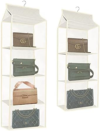 souG 2 Pack Hanging Handbag Purse Organizer for Closet, Purse Bag Storage Holder for Wardrobe Close with 1pcs 4 Shelves Space and 1pcs 3 Shelves Space Saving Purse Organizers System (Beige)