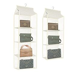 2 white and clear hanging purse holders, with 4 and 3 storage slots.