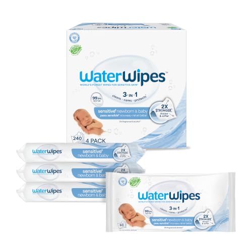 Image of WaterWipes (Made in Ireland) Baby wipes, 4 pack (240 wipes), For sensitive skin, World's Purest Wipes (Imported), Just 2 ingredients, Certified by Allergy UK and Eczema association