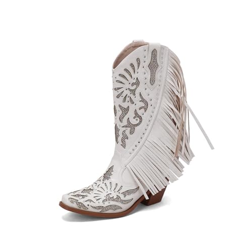 Geerta Fringe Cowboy Boots for Women Mid Calf Western Boots Embroidery Cowgirl Pull-On Pointy Toe & Wide - Plus Size Retro Comfortable Walking Standing All Day Trending Fashion Lightweight Running