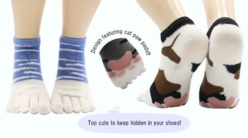 Image of Japanese Cat Design Toe Five Finger Socks (Set of 5 Pairs) Athletic No Show Split Toe Socks Colorful
