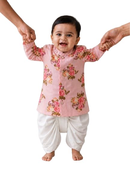 ps peaches Pspeaches Boys Dupion Full Sleeves Mandarin Collar Floral Print Kurta and Dhoti Pant 2 Piece Set|Ethnic Wear For Cute Baby Boys|Traditional & Festive Outfit-picture-12