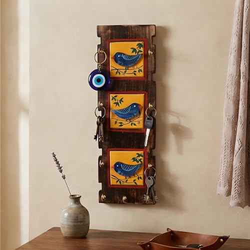 Image of AAKRITI ART CREATIONS Key Holder, Love Birds Key Holder with Key Hangers | Rustic Wooden Wall Organizer with 9 Hooks | New Home Gifts | Multifunctional Entryway Decor Item